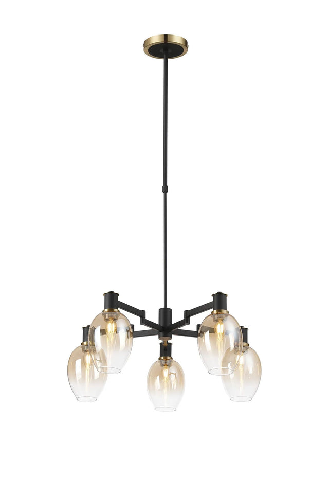 Adamson Swing Arm Telescopic Pendant 5 x E14 Brass/Satin Black/Amber Fade Wine Glass Glass