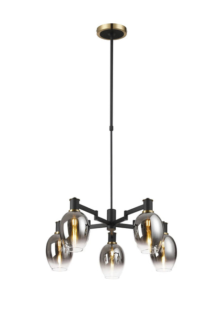 Adamson Swing Arm Telescopic Pendant 5 x E14 Brass/Satin Black/Smoke Fade Wine Glass Glass