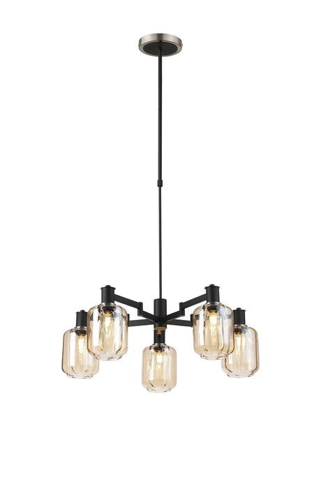 Adamson Swing Arm Telescopic Pendant 5 x E14 Satin Nickel/Satin Black/Amber Striped Cylinder Glass