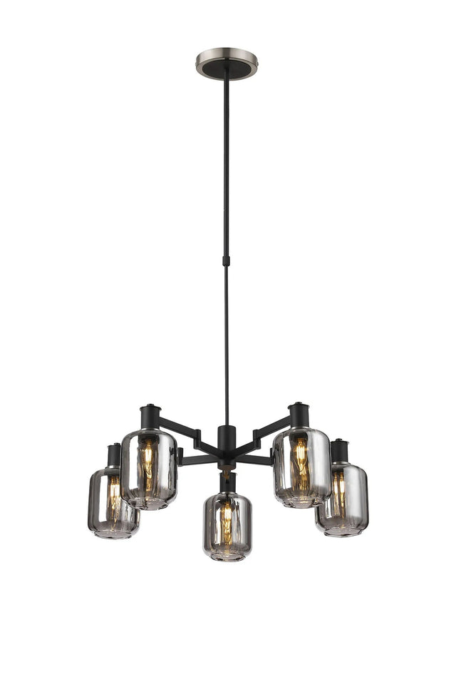 Adamson Swing Arm Telescopic Pendant 5 x E14 Satin Nickel/Satin Black/Smoke Striped Cylinder Glass