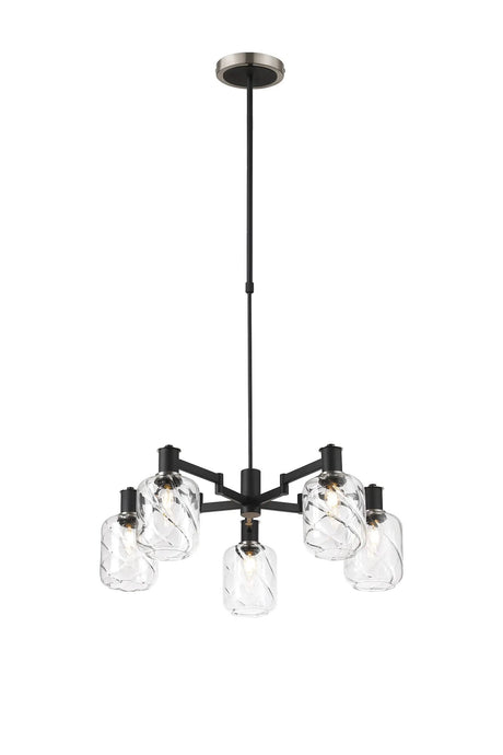 Adamson Swing Arm Telescopic Pendant 5 x E14 Satin Nickel/Satin Black/Clear Twisted Cylinder Glass