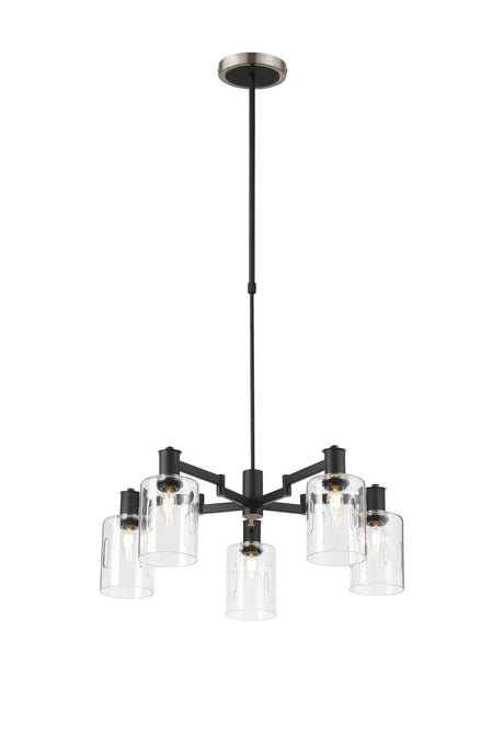 Adamson Swing Arm Telescopic Pendant 5 x E14 Satin Nickel/Satin Black/Clear Uniform Dimple Cylinder Glass