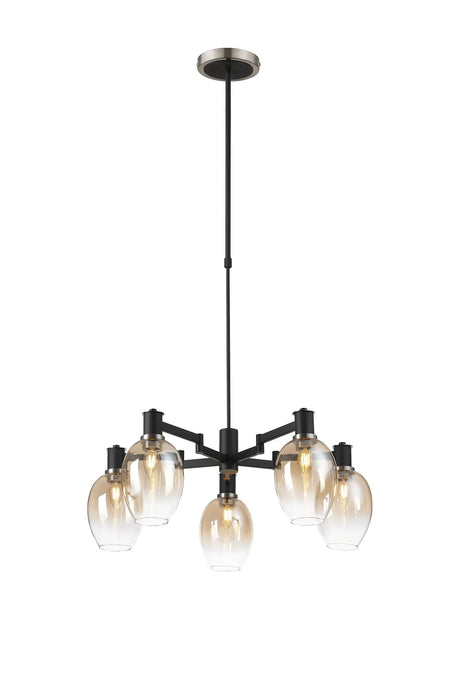 Adamson Swing Arm Telescopic Pendant 5 x E14 Satin Nickel/Satin Black/Amber Fade Wine Glass Glass