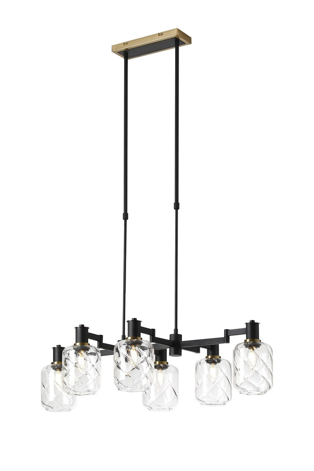 Adamson Swing Arm Telescopic Linear Pendant 6 x E14 Brass/Satin Black/Clear Twisted Cylinder Glass