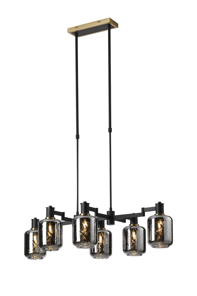 Adamson Swing Arm Telescopic Linear Pendant 6 x E14 Brass/Satin Black/Smoke Twisted Cylinder Glass