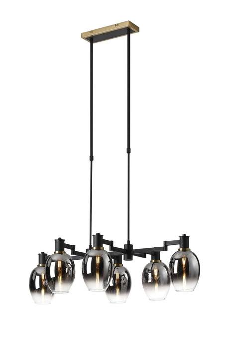 Adamson Swing Arm Telescopic Linear Pendant 6 x E14 Brass/Satin Black/Smoke Fade Wine Glass Glass