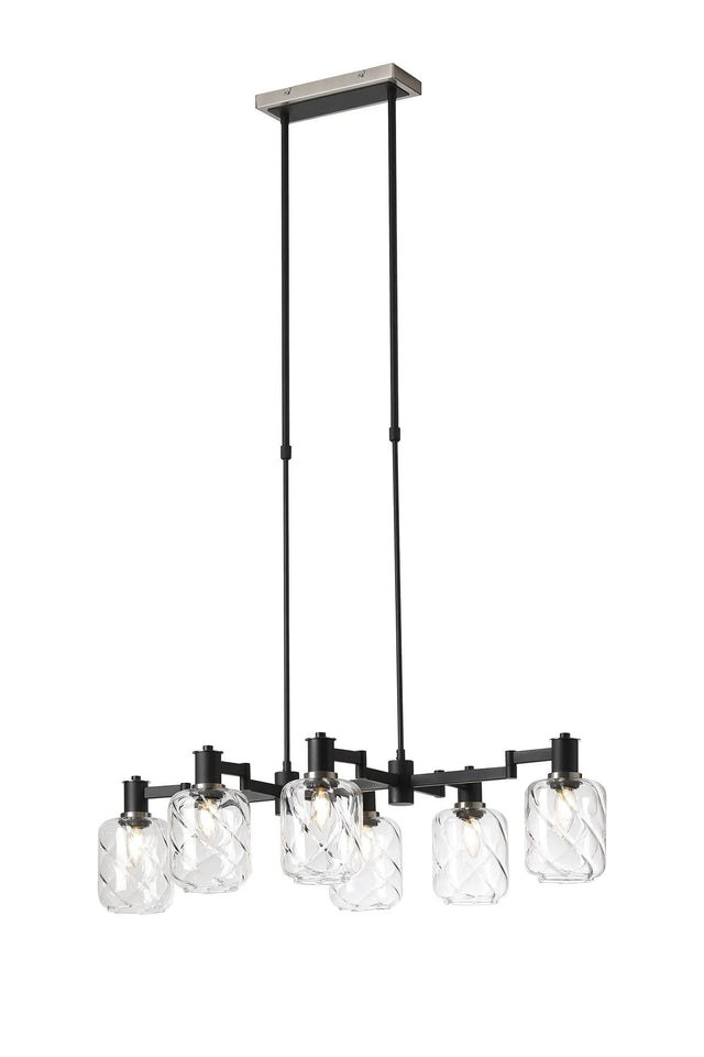 Adamson Swing Arm Telescopic Linear Pendant 6 x E14 Satin Nickel/Satin Black/Clear Twisted Cylinder Glass