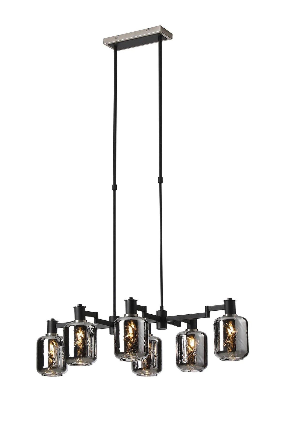 Adamson Swing Arm Telescopic Linear Pendant 6 x E14 Satin Nickel/Satin Black/Smoke Twisted Cylinder Glass