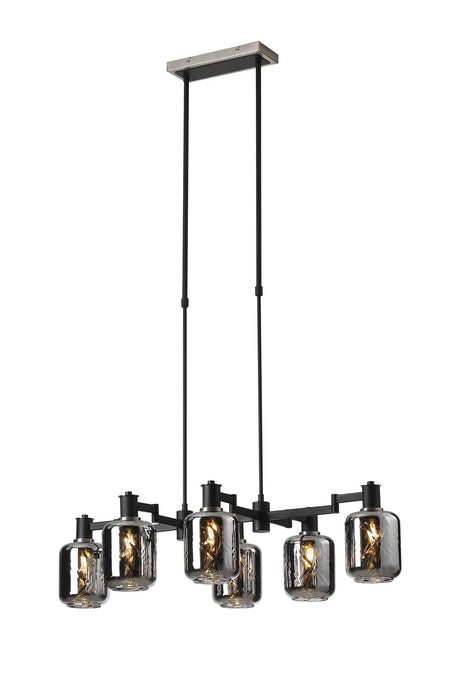 Adamson Swing Arm Telescopic Linear Pendant 6 x E14 Satin Nickel/Satin Black/Smoke Twisted Cylinder Glass