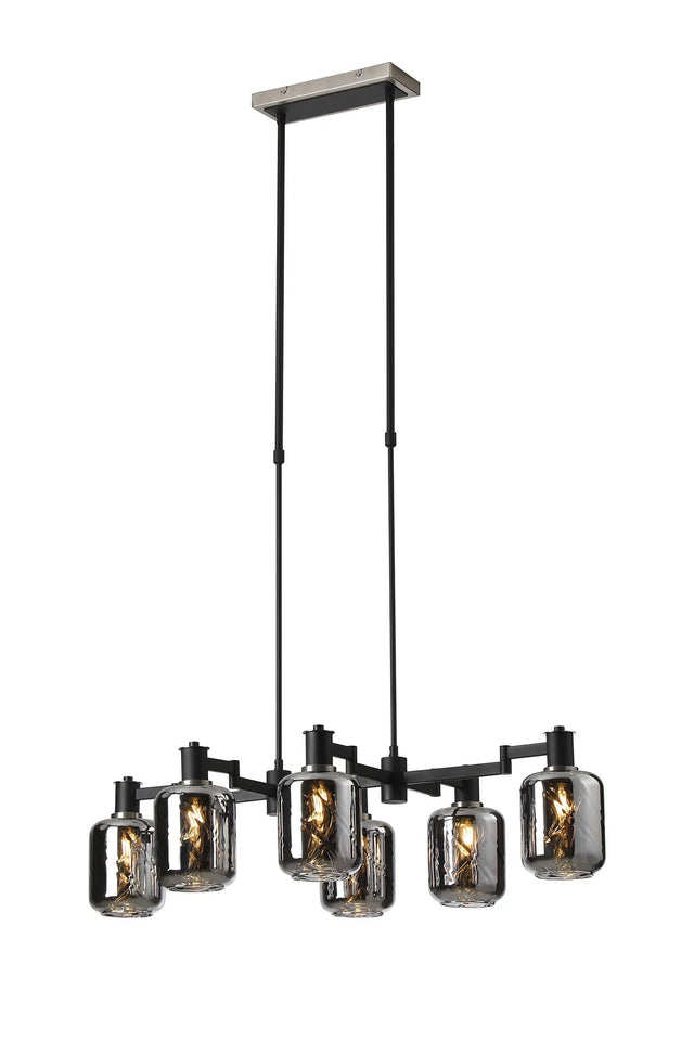 Adamson Swing Arm Telescopic Linear Pendant 6 x E14 Satin Nickel/Satin Black/Smoke Twisted Cylinder Glass
