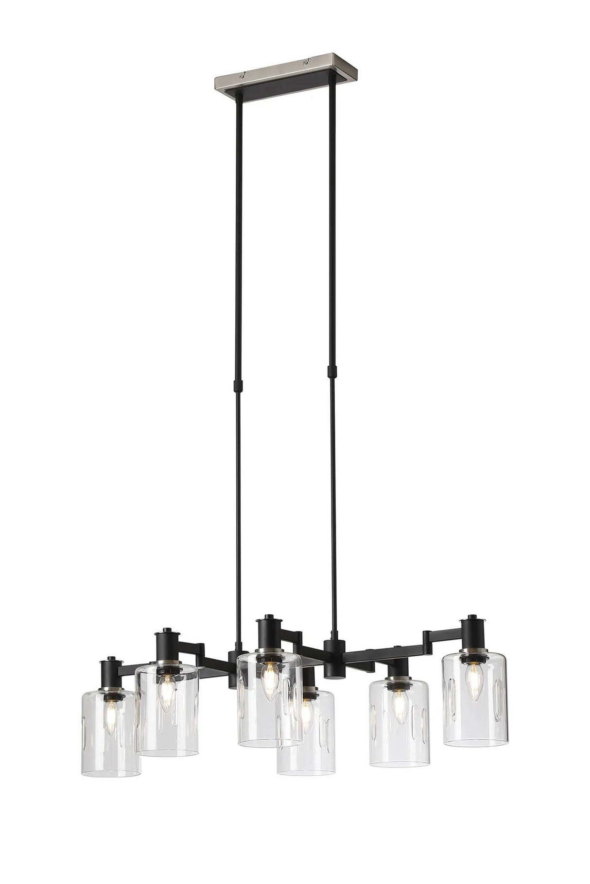 Adamson Swing Arm Telescopic Linear Pendant 6 x E14 Satin Nickel/Satin Black/Clear Uniform Dimple Cylinder Glass