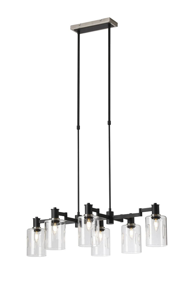 Adamson Swing Arm Telescopic Linear Pendant 6 x E14 Satin Nickel/Satin Black/Clear Uniform Dimple Cylinder Glass