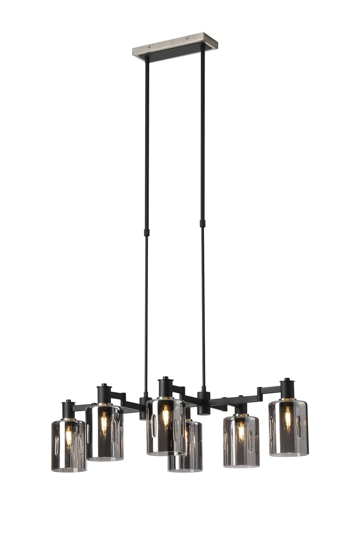Adamson Swing Arm Telescopic Linear Pendant 6 x E14 Satin Nickel/Satin Black/Smoke Uniform Dimple Cylinder Glass