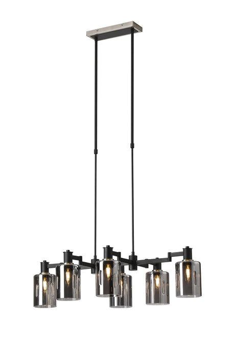 Adamson Swing Arm Telescopic Linear Pendant 6 x E14 Satin Nickel/Satin Black/Smoke Uniform Dimple Cylinder Glass