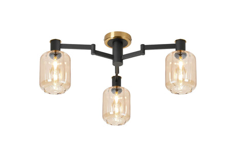 Adamson Swing Arm Flush Ceiling 3 x E14 Brass/Satin Black/Amber Striped Cylinder Glass