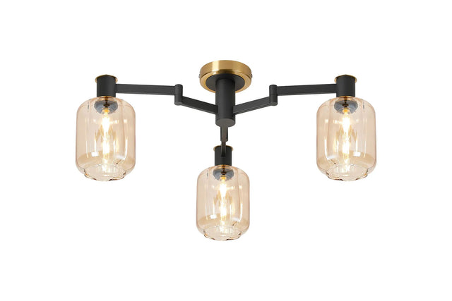 Adamson Swing Arm Flush Ceiling 3 x E14 Brass/Satin Black/Amber Striped Cylinder Glass