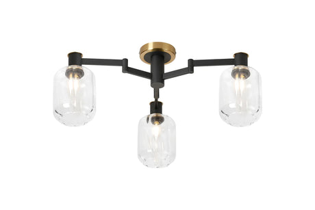 Adamson Swing Arm Flush Ceiling 3 x E14 Brass/Satin Black/Clear Striped Cylinder Glass