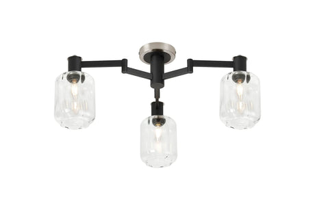 Adamson Swing Arm Flush Ceiling 3 x E14 Satin Nickel/Satin Black/Clear Striped Cylinder Glass