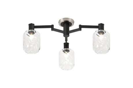 Adamson Swing Arm Flush Ceiling 3 x E14 Satin Nickel/Satin Black/Clear Twisted Cylinder Glass