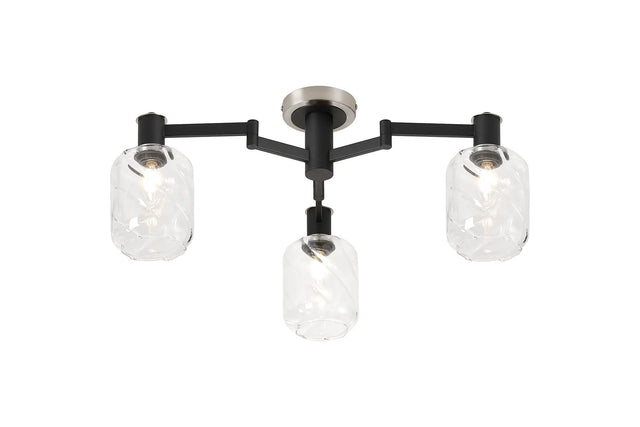 Adamson Swing Arm Flush Ceiling 3 x E14 Satin Nickel/Satin Black/Clear Twisted Cylinder Glass