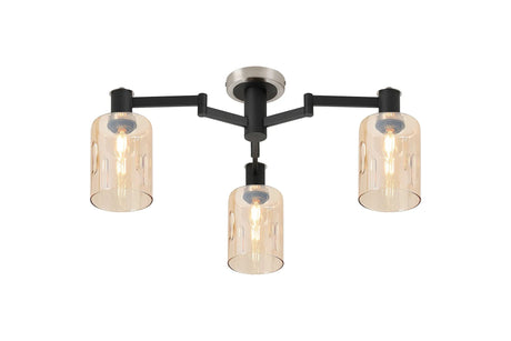 Adamson Swing Arm Flush Ceiling 3 x E14 Satin Nickel/Satin Black/Amber Uniform Dimple Cylinder Glass