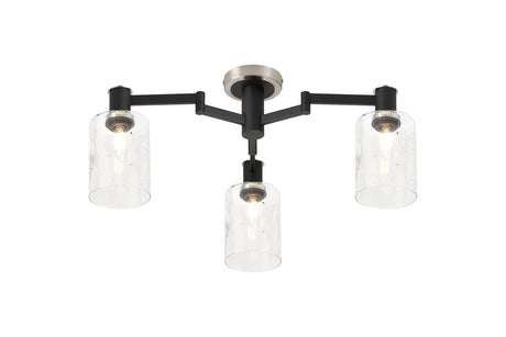 Adamson Swing Arm Flush Ceiling 3 x E14 Satin Nickel/Satin Black/Clear Uniform Dimple Cylinder Glass
