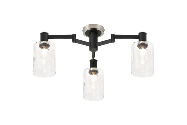 Adamson Swing Arm Flush Ceiling 3 x E14 Satin Nickel/Satin Black/Clear Uniform Dimple Cylinder Glass
