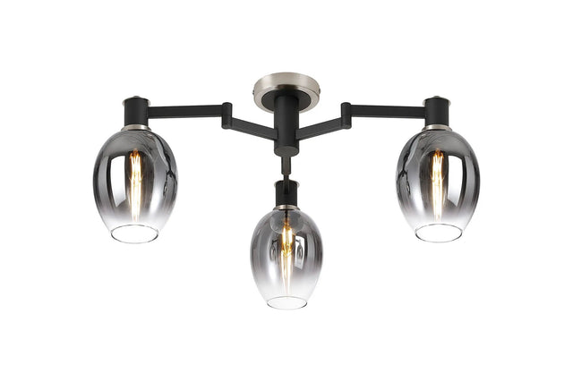 Adamson Swing Arm Flush Ceiling 3 x E14 Satin Nickel/Satin Black/Smoke Fade Wine Glass Glass