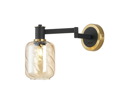 Adamson Adjustable Swing Arm Wall x 1 x E14 Brass/Satin Black/Amber Twisted Cylinder Glass