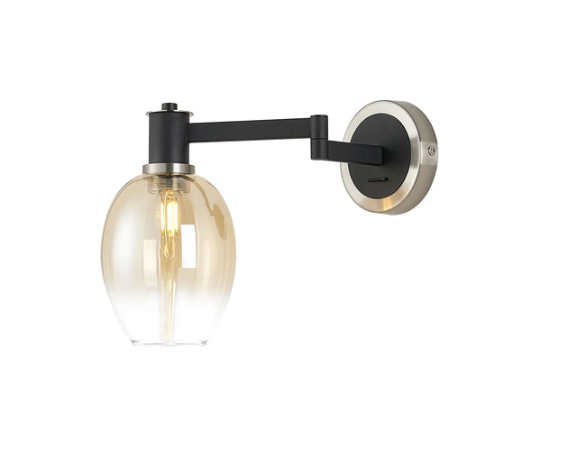 Adamson Adjustable Swing Arm Wall x 1 x E14 Satin Nickel/Satin Black/Amber Fade Wine Glass Glass
