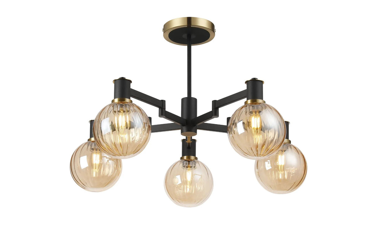 Adamson Swing Arm Semi Ceiling 5 x E14 Brass/Satin Black/Amber Plated Round Segment Glass