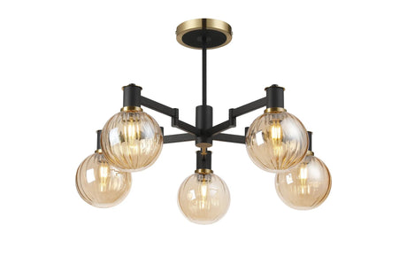 Adamson Swing Arm Semi Ceiling 5 x E14 Brass/Satin Black/Amber Plated Round Segment Glass