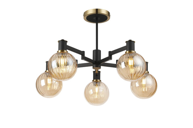 Adamson Swing Arm Semi Ceiling 5 x E14 Brass/Satin Black/Amber Plated Round Segment Glass