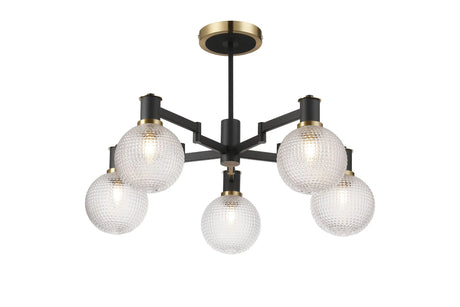 Adamson Swing Arm Semi Ceiling 5 x E14 Brass/Satin Black/Clear Round Textured Diamond Pattern Glass