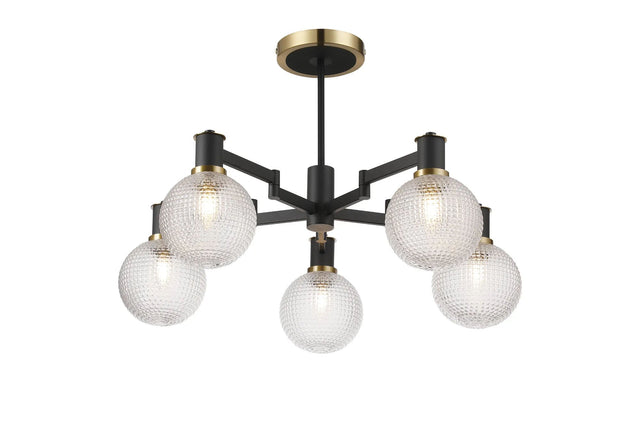 Adamson Swing Arm Semi Ceiling 5 x E14 Brass/Satin Black/Clear Round Textured Diamond Pattern Glass