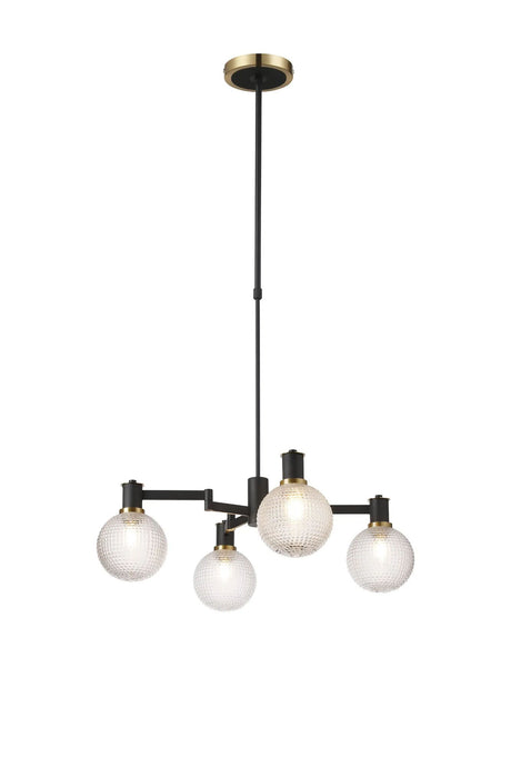 Adamson Swing Arm Telescopic Pendant 4 x E14 Brass/Satin Black/Clear Round Textured Diamond Pattern Glass