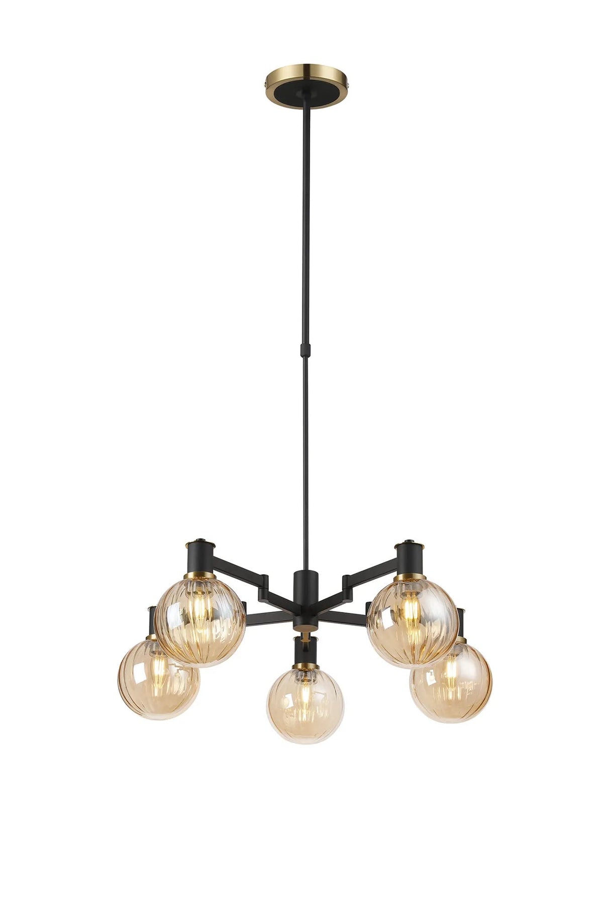 Adamson Swing Arm Telescopic Pendant 5 x E14 Brass/Satin Black/Amber Plated Round Segment Glass