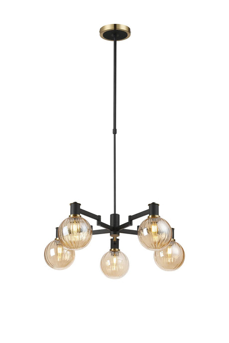 Adamson Swing Arm Telescopic Pendant 5 x E14 Brass/Satin Black/Amber Plated Round Segment Glass