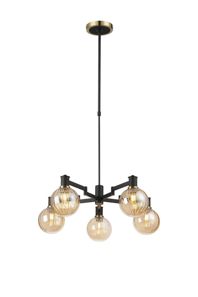 Adamson Swing Arm Telescopic Pendant 5 x E14 Brass/Satin Black/Amber Plated Round Segment Glass