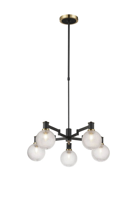 Adamson Swing Arm Telescopic Pendant 5 x E14 Brass/Satin Black/Clear Round Textured Diamond Pattern Glass