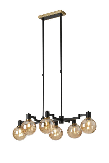 Adamson Swing Arm Telescopic Linear Pendant 6 x E14 Brass/Satin Black/Amber Plated Round Segment Glass