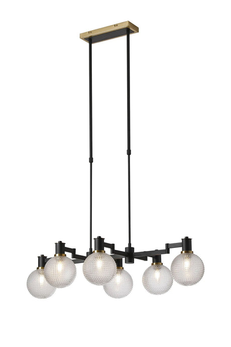 Adamson Swing Arm Telescopic Linear Pendant 6 x E14 Brass/Satin Black/Clear Round Textured Diamond Pattern Glass