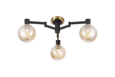 Adamson Swing Arm Flush Ceiling 3 x E14 Brass/Satin Black/Amber Plated Round Segment Glass
