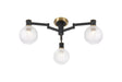 Adamson Swing Arm Flush Ceiling 3 x E14 Brass/Satin Black/Clear Round Textured Diamond Pattern Glass