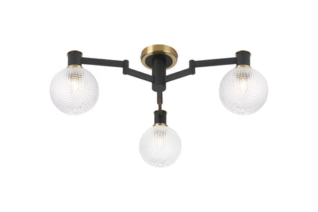 Adamson Swing Arm Flush Ceiling 3 x E14 Brass/Satin Black/Clear Round Textured Diamond Pattern Glass