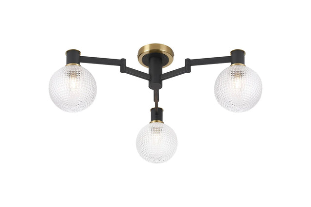 Adamson Swing Arm Flush Ceiling 3 x E14 Brass/Satin Black/Clear Round Textured Diamond Pattern Glass