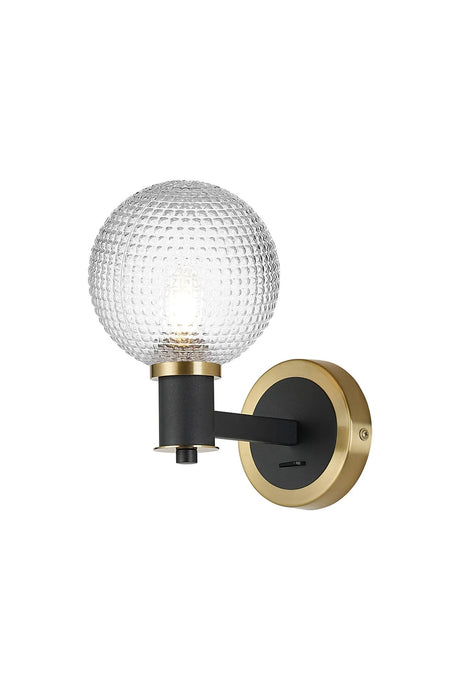 Adamson Wall x 1 x E14 Brass/Satin Black/Clear Round Textured Diamond Pattern Glass