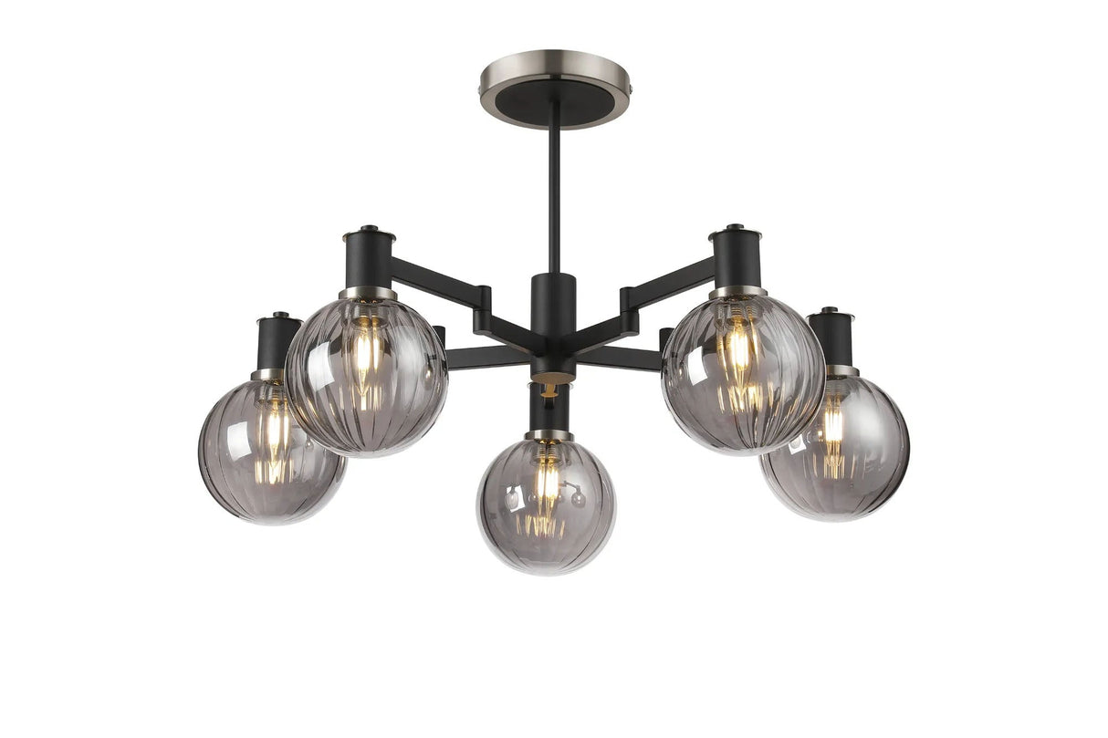 Adamson Swing Arm Semi Ceiling 5 x E14 Satin Nickel/Satin Black/Smoke Plated Round Segment Glass