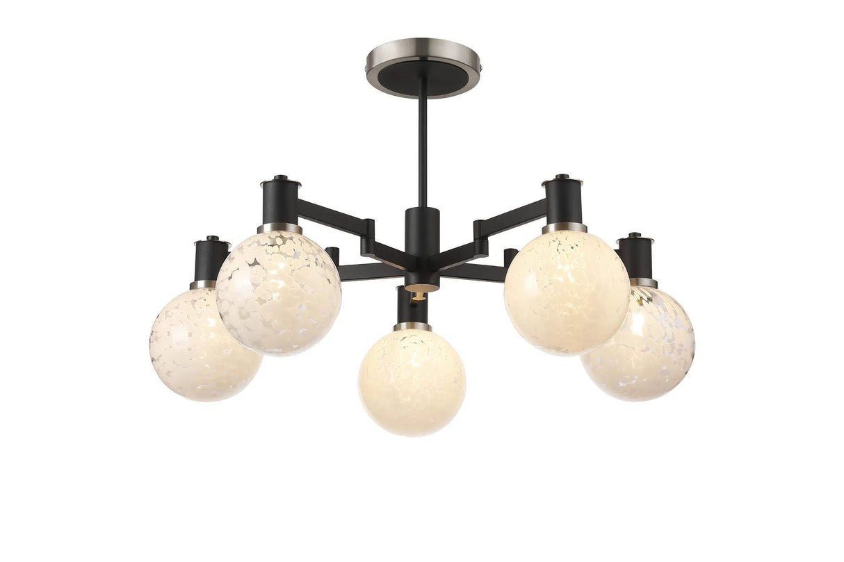 Adamson Swing Arm Semi Ceiling 5 x E14 Satin Nickel/Satin Black/White Round Speckled Glass
