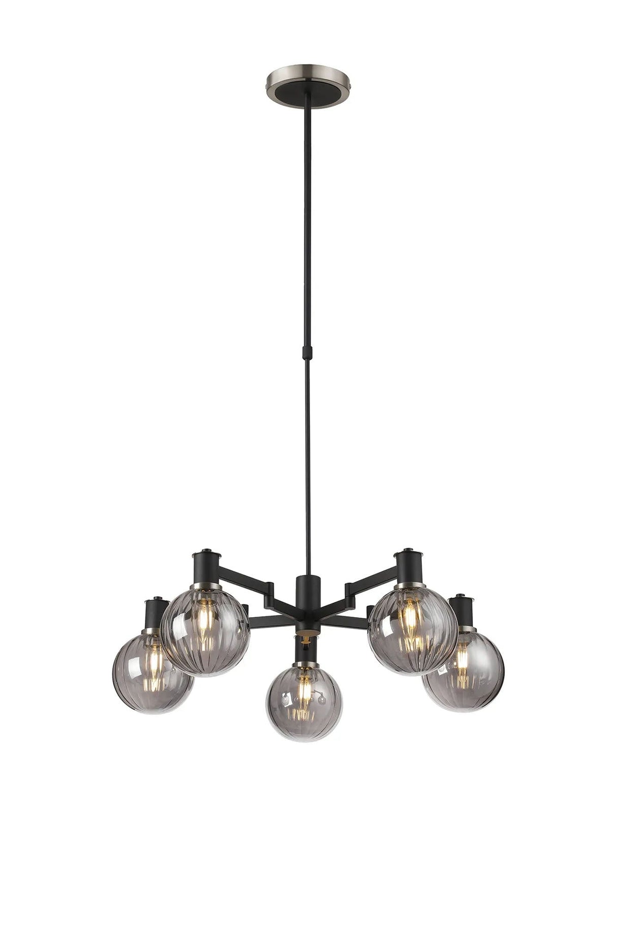 Adamson Swing Arm Telescopic Pendant 5 x E14 Satin Nickel/Satin Black/Smoke Plated Round Segment Glass
